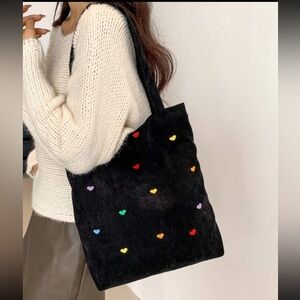 Black Cord Knit Tote Bag Purse w Multi Embroidered Heart Design OS New